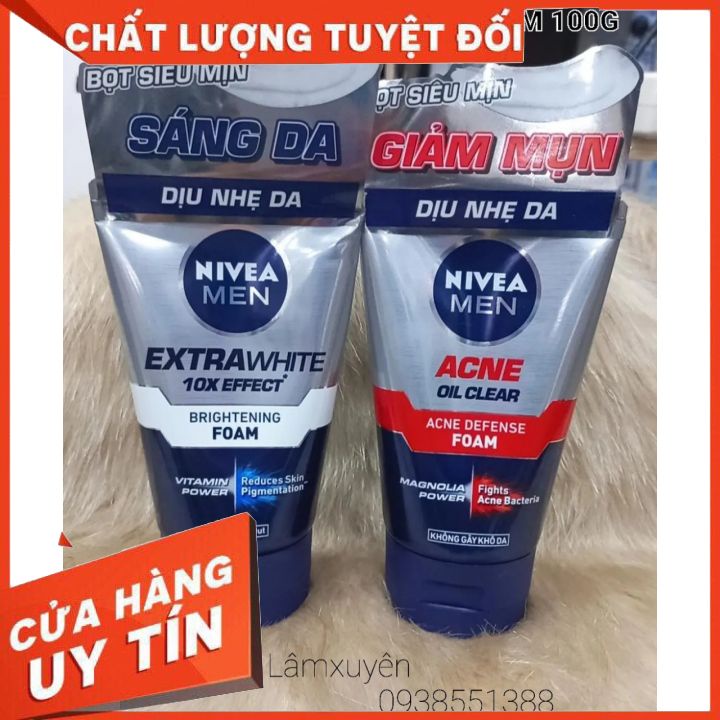 Sữa rửa mặt nam Nivea Extra White 10X Effect ( sáng da) _ Nivea Acne oil clear (giảm mụn) 100G dành cho da dầu