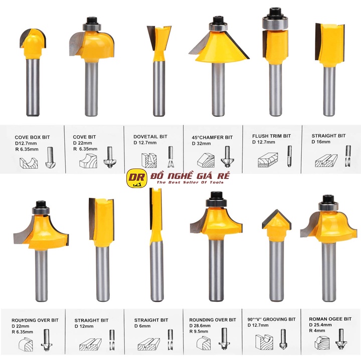 Bộ mũi phay gỗ cao cấp ⚡️LOẠI TỐT⚡️ Lưỡi soi gỗ gắn máy cầm tay cốt 6 li 35 hoặc 12 li 7