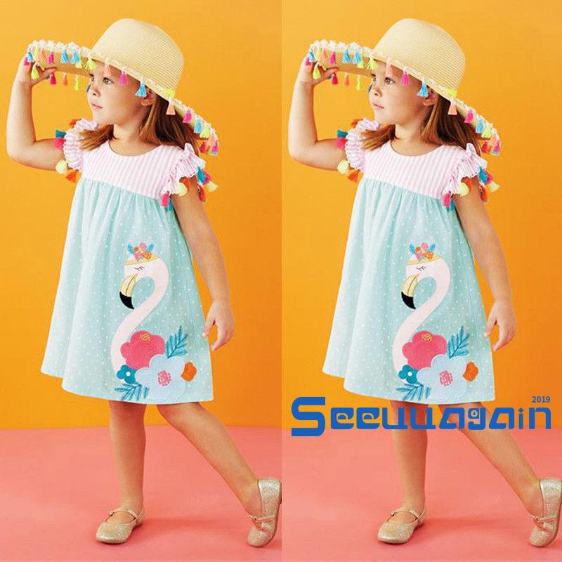 Đầm In Hình Chim Hồng Hạc Cho Bé Gái Từ 1-6 Tuổi