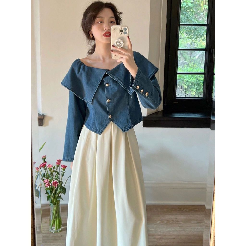Bộ Áo Trễ Vai + Chân Váy Denim Lưng Cao Thời Trang Mùa Thu 2022 Phong Cách Pháp Cổ Điển Cho Nữ