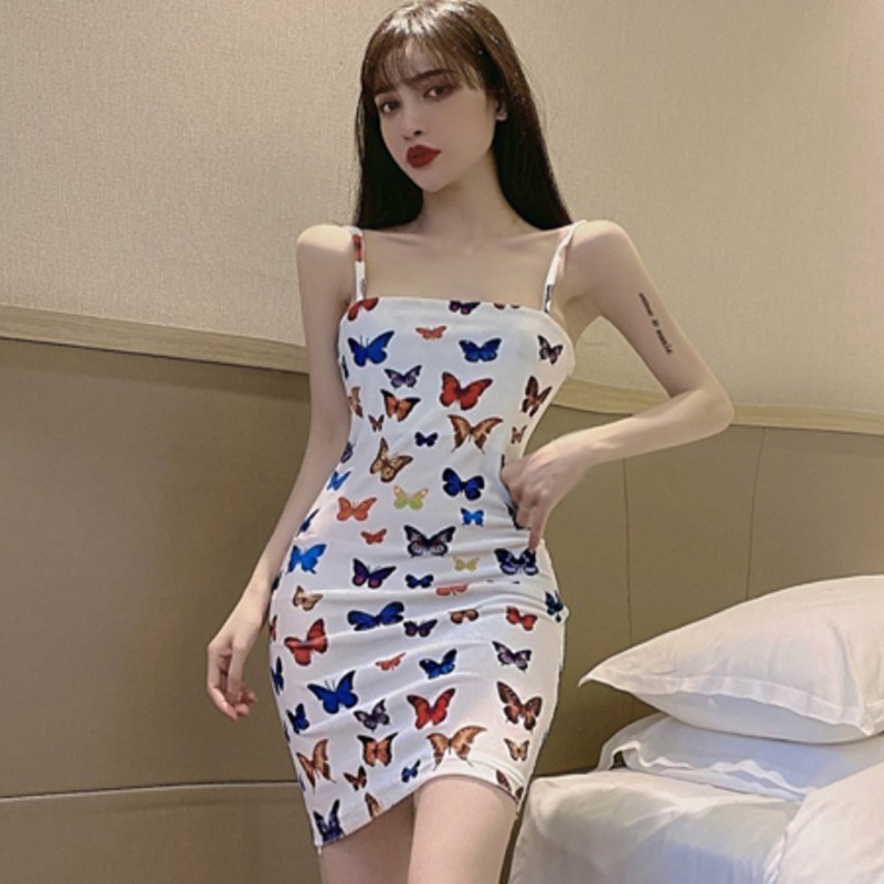 Đầm Hai Dây Dáng Ôm In Hình Bướm Quyến Rũ Gợi Cảm Cho Nữ