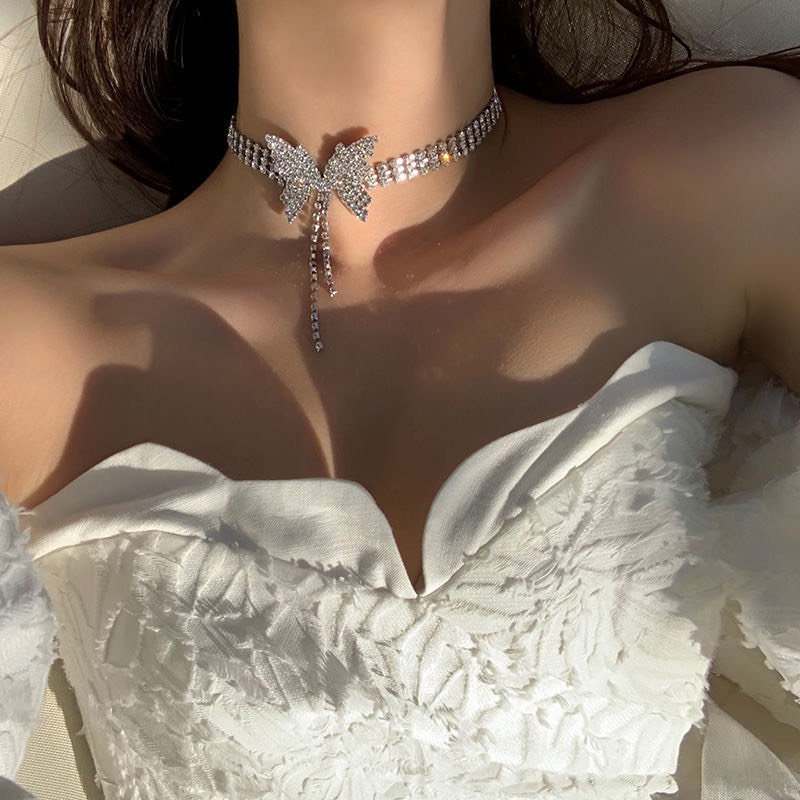Vòng cổ choker nữ nạm đá nhân tạo chi tiết hình cánh nơ siêu sang chảnh cho nàng dự tiệc