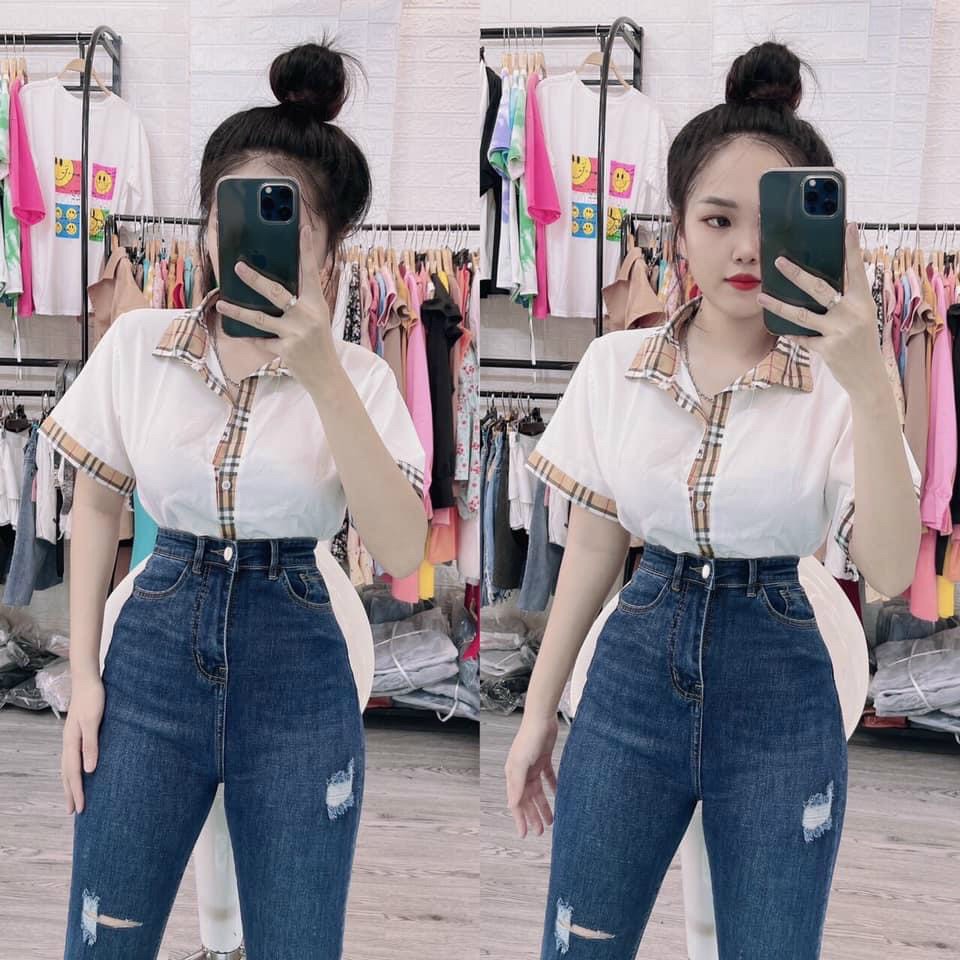 áo kiểu sơ mi viền sọc carro xinh sang chảnh