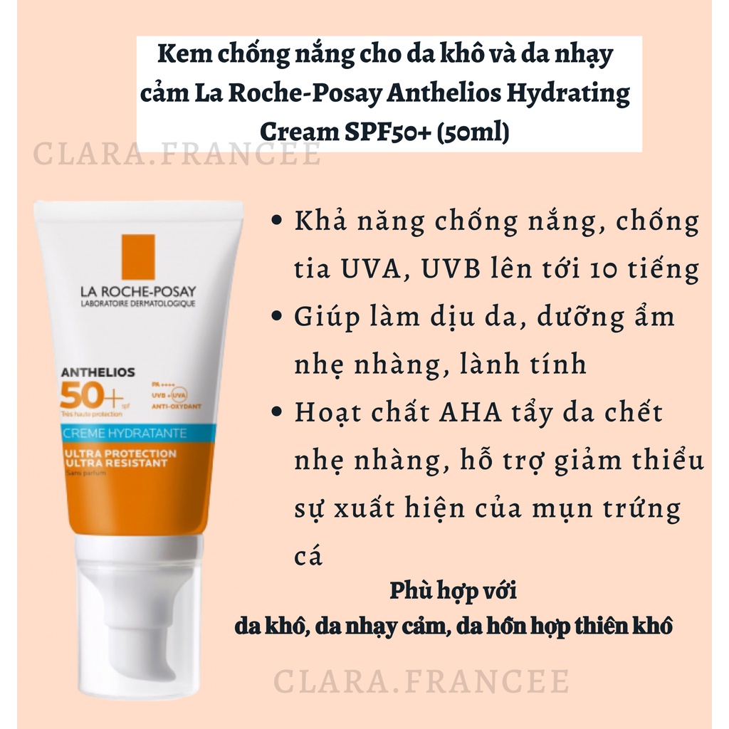 Kem chống nắng La Roche Posay Anthelios Gel-Cream/ Hydratante Cream SPF50 Cho da dầu và da khô nhạy cảm [ Chính Hãng ]