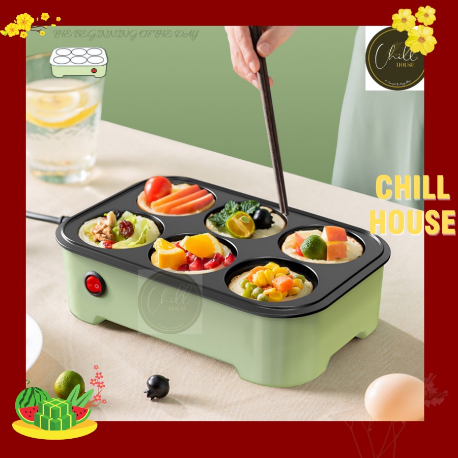 Chảo chiên trứng 6 ngăn chống dính có nắp kính Chill House