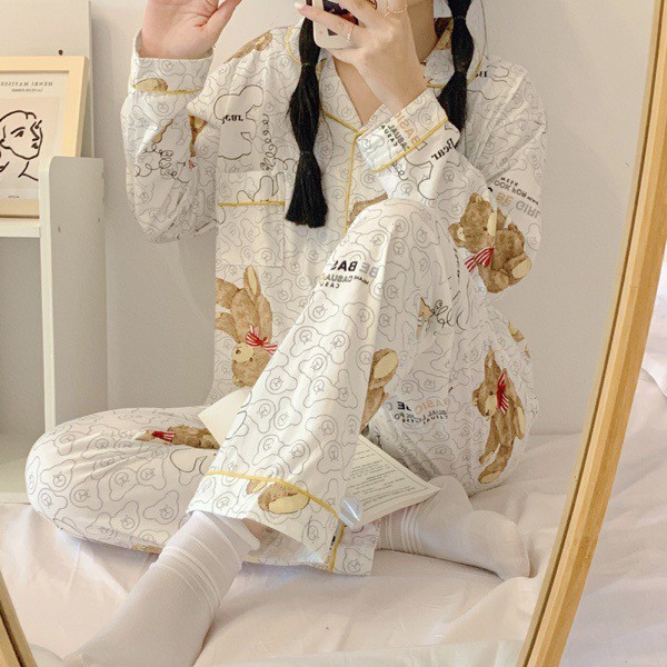 Bộ ngủ Pijama In Hình Gấu Kute Chất Cotton Ulzzang style Hàng Quảng Châu