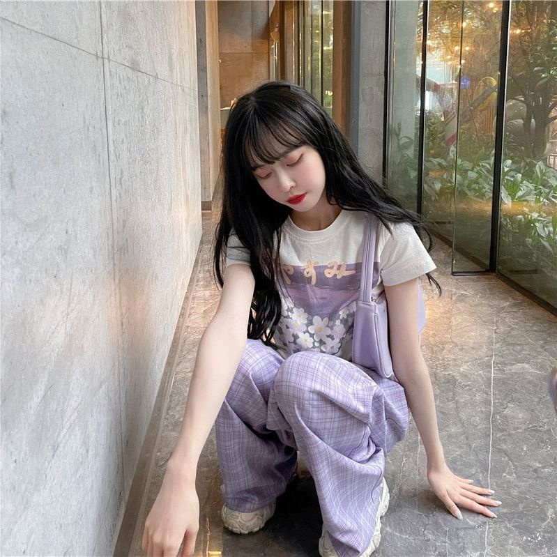 BH Set áo thun tay ngắn + quần dài lưng cao ống rộng thời trang mùa hè 2021 trẻ trung cho nữ (có bán lẻ)