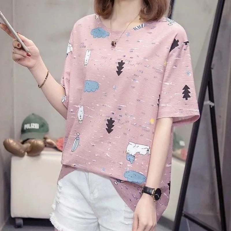 Áo thun ngắn tay nữ cổ tròn màu nhuộm thời trang phong cách mới