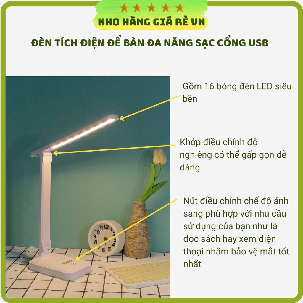 Đèn bàn học đọc sách chống cận gấp gọn gồm 16 bóng LED có pin tích điện sử dụng lên đến 10 tiếng đồng hồ