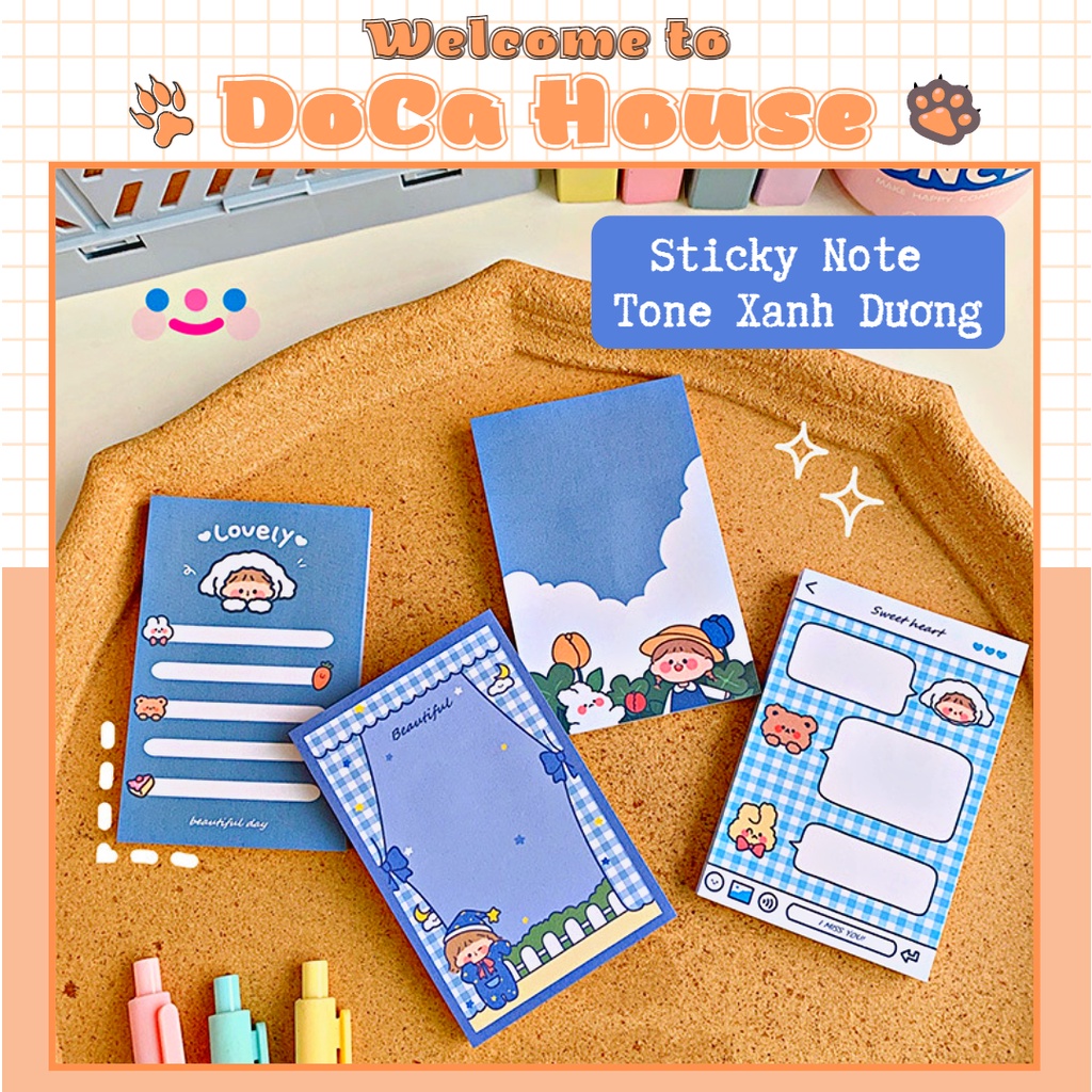 Giấy sticky note DOCA, giấy ghi chú tone xanh dương họa tiết bé gái dễ thương 80 tờ