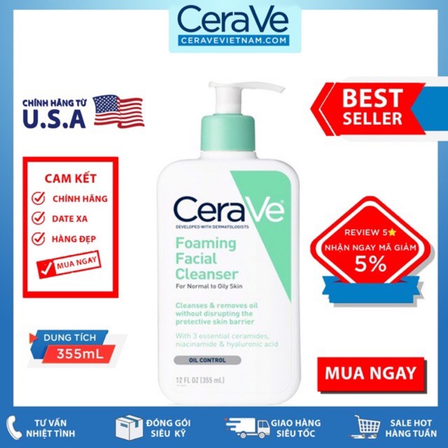 Sữa rửa mặt Cerave Foaming Facial Cleanser bản Mỹ (Pháp) Cerave da dầu &amp; Da Khô các size 236ml - 355ml - 473ml