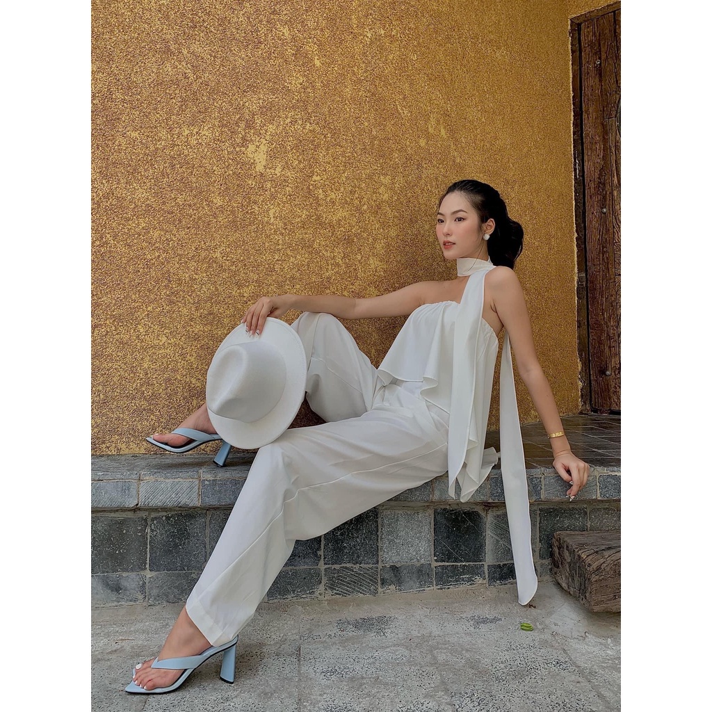 Jumpsuit Cúp Ngực Đi Biển Chất Lụa Mango Mềm Không Nhăn, Jumpsuit Trắng Dài Phối Dây Thắt Nơ Sang Chảnh