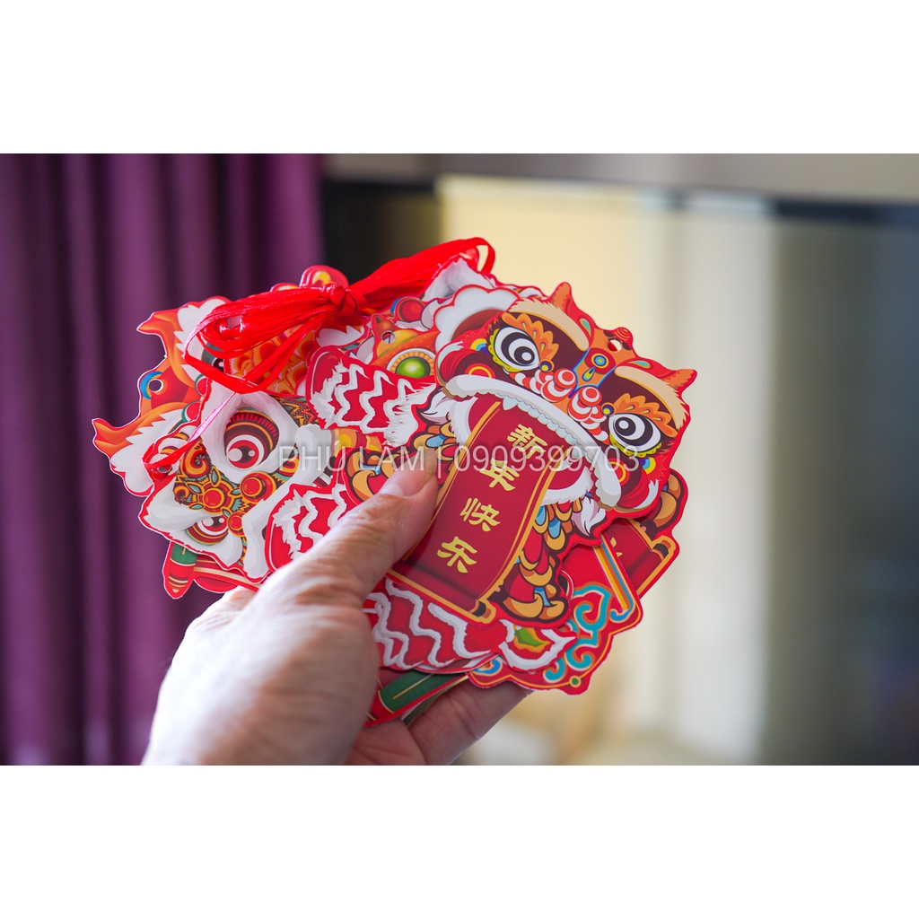 SET 10 HÌNH LÂN 2 MẶT TRANG TRÍ TẾT TREO CÂY MAI, Đào Đông, con lân may mắn