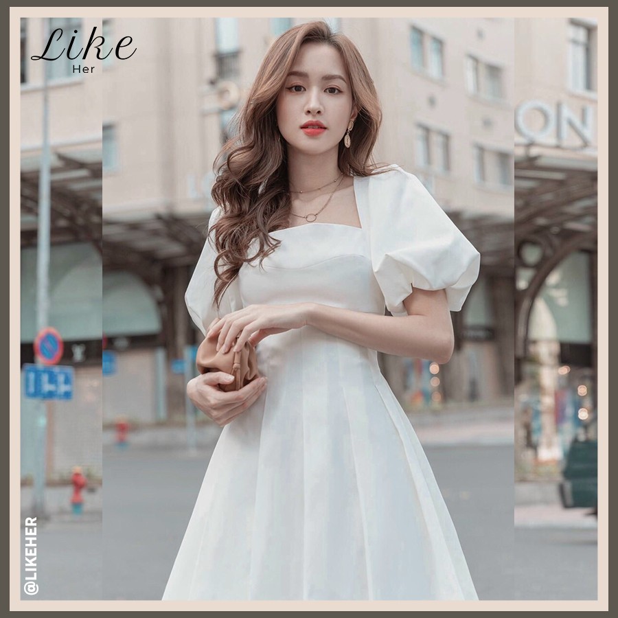  ĐẦM DỰ TIỆC TRẮNG CỔ VUỔNG TÙNG XẾP LY - LIKEHER