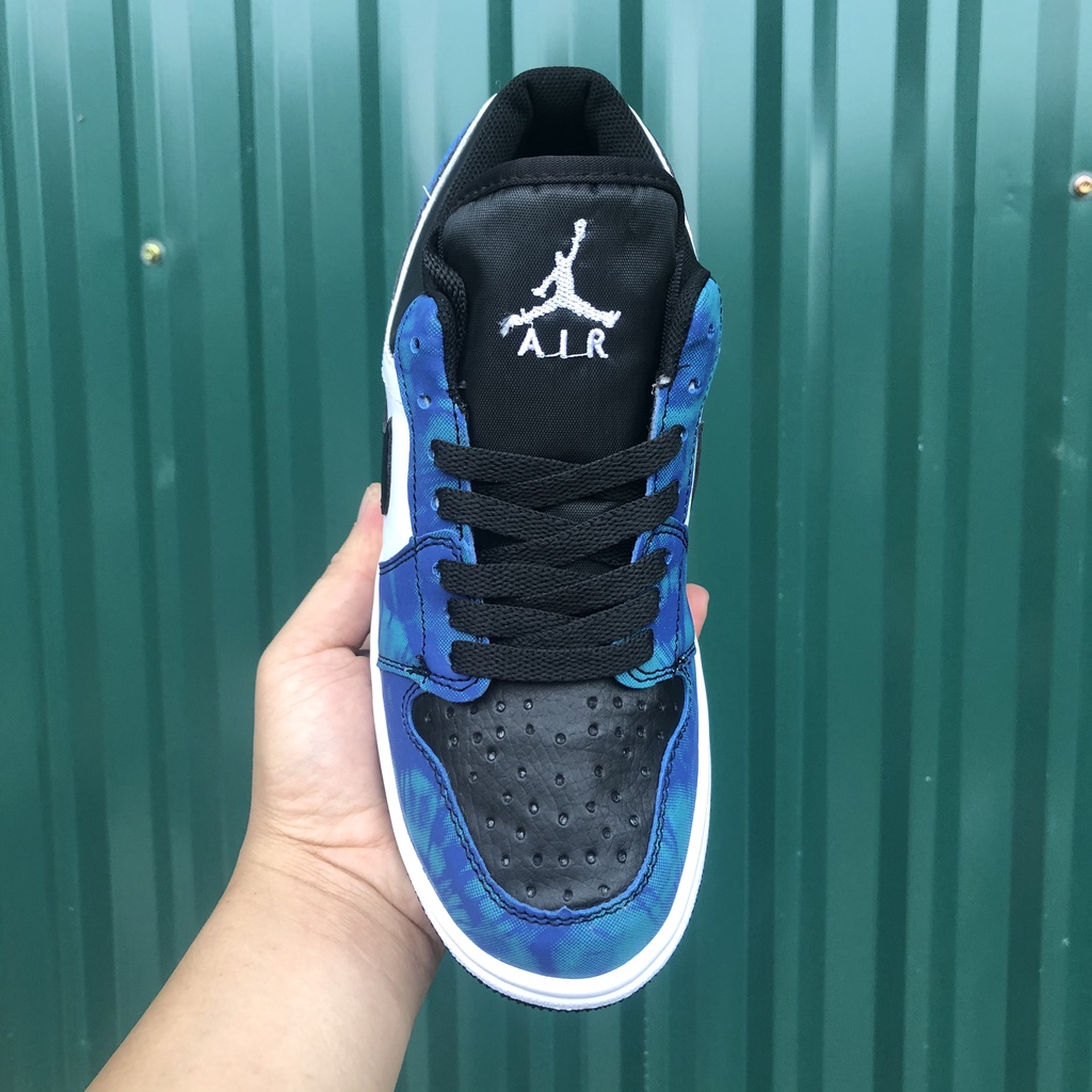 Giày thể thao Jordan cổ thấp xanh loang nước biển, giày sneaker JD1 low Tie Dye nam nữ đầy đủ bill box