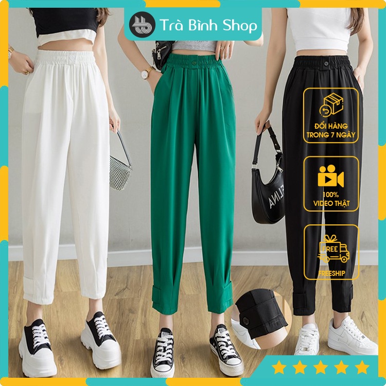 Quần baggy nữ chất đũi cạp chun bo gấu có túi 3 màu