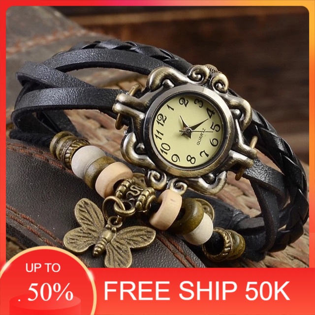 Vòng đeo tay dây da nữ Vintage mặt đồng hồ