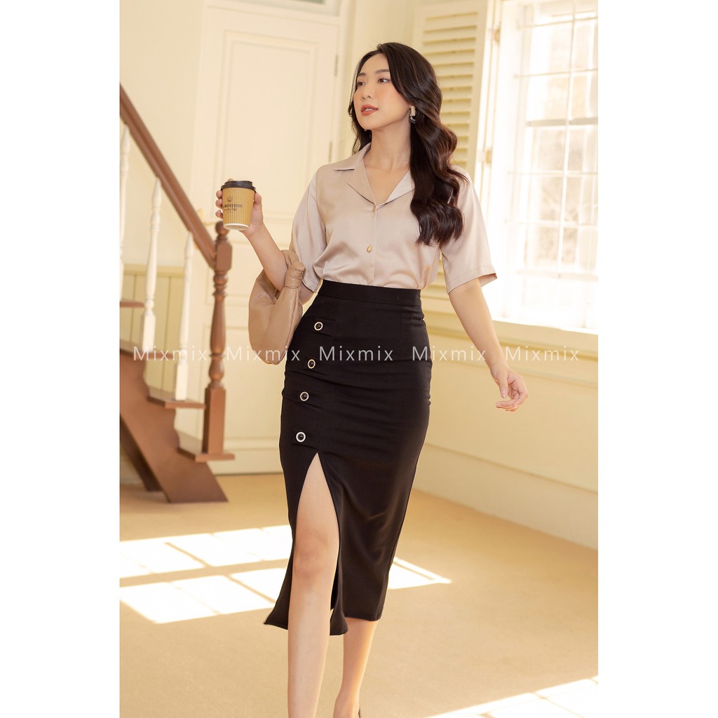 Chân váy bút chì Belle xẻ trước 4 nút - MixMix