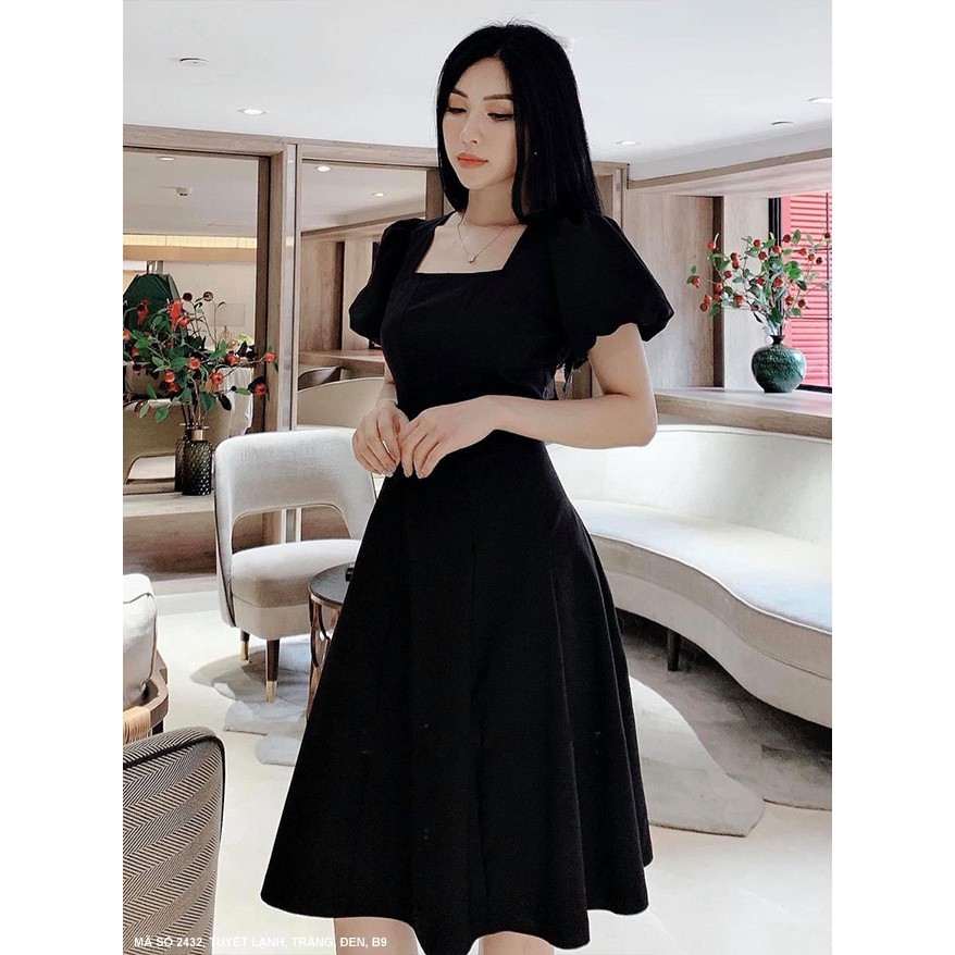Đầm Xòe Cổ Vuông Tay Ngắn Dún