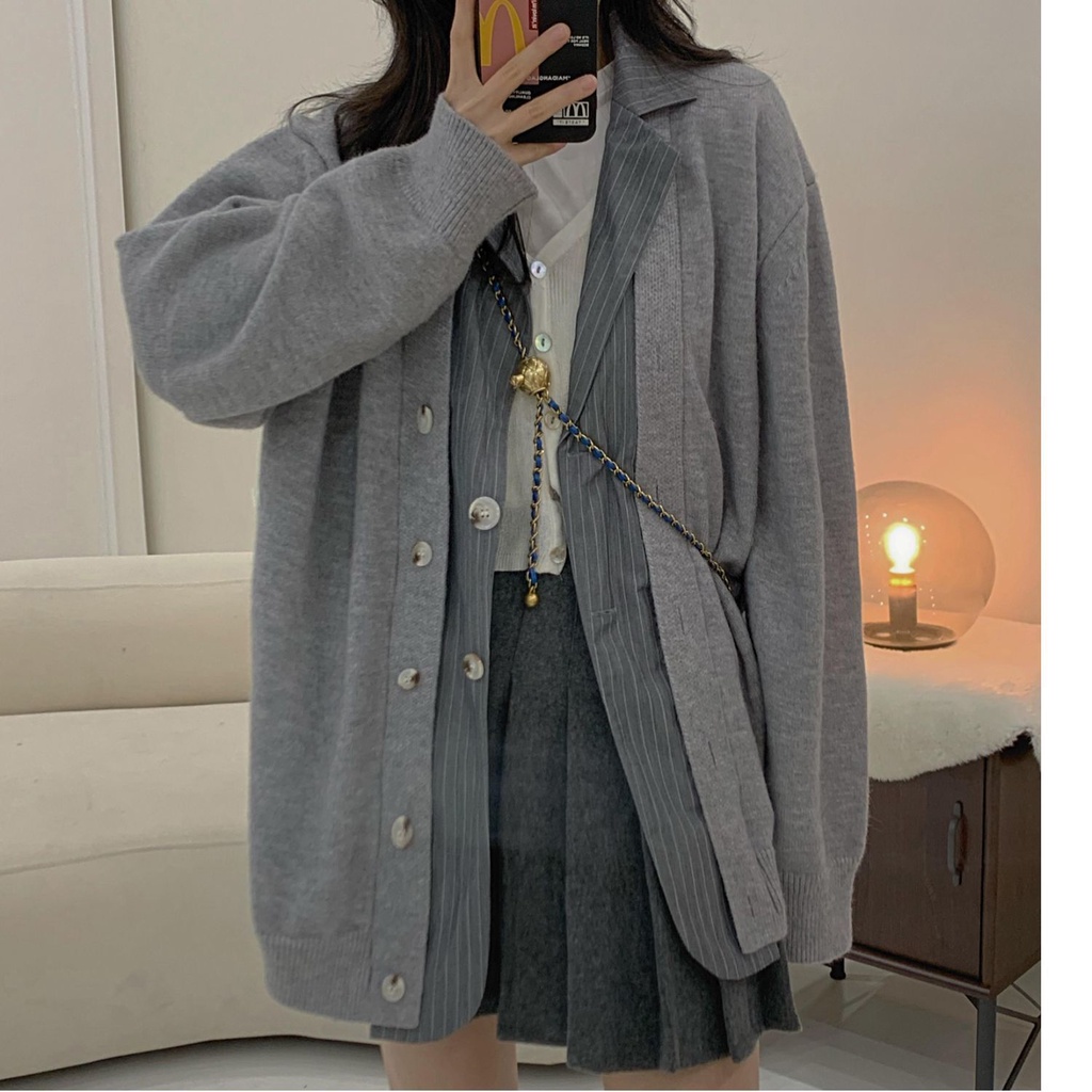 Áo Khoác Cardigan Giả Hai Lớp Thời Trang Thu Đông