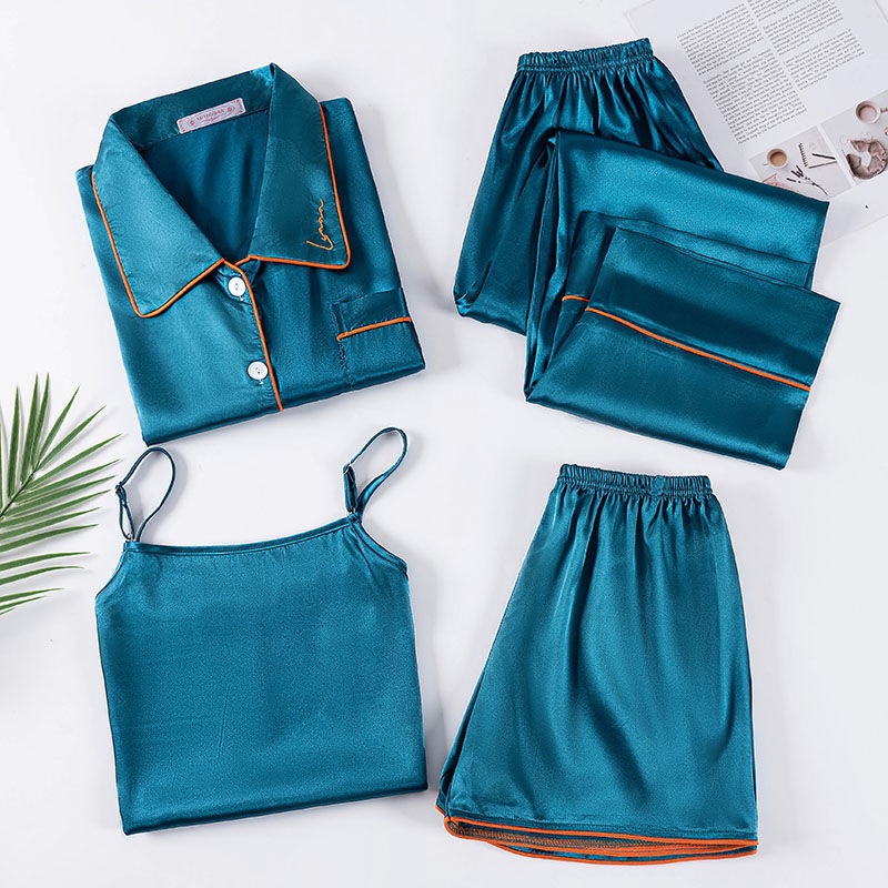 Bộ Đồ Ngủ 4 Món Vải Satin Màu Sắc Nhã Nhặn Dành Cho Nữ