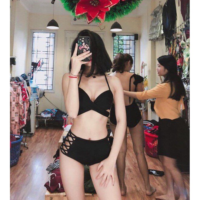 Bikini áo gọng đệm siêu nâng đẩy ngực buộc vạt chéo quần cạp cao che bụng | BigBuy360 - bigbuy360.vn