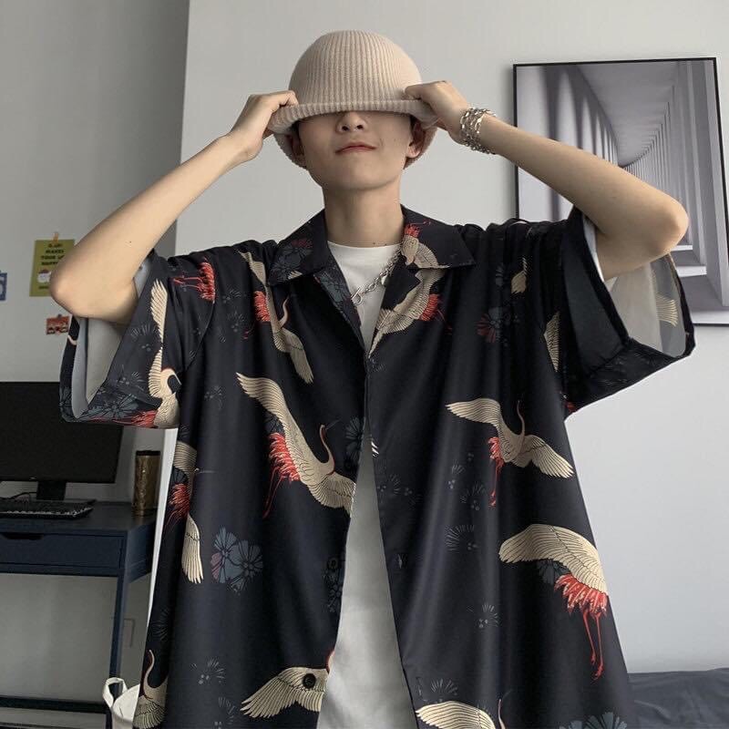 [Mã WAMT10K giảm 10k cho đơn 0k] Áo sơ mi unisex in hình hạc (đen/xanh) kèm ảnh thật | BigBuy360 - bigbuy360.vn