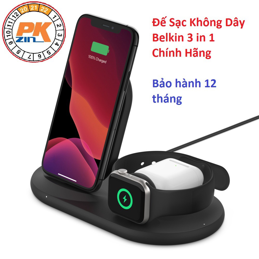 Bộ Đế Sạc Không Dây BELKIN Chính Hãng 3 TRONG 1 Cho Các Thiết Bị APPLE: Iphone, Apple Watch, Airpods, Bảo Hành 12 Tháng