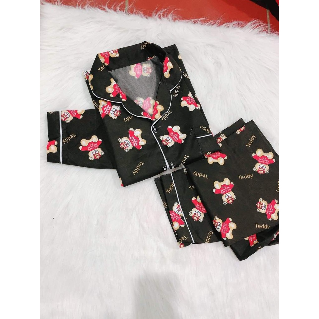 Bộ ngủ pijama lụa kate thái áo dài quần dài bộ mặc nhà Hanz.vn mềm mại dễ thương H 1 Đen Gấu