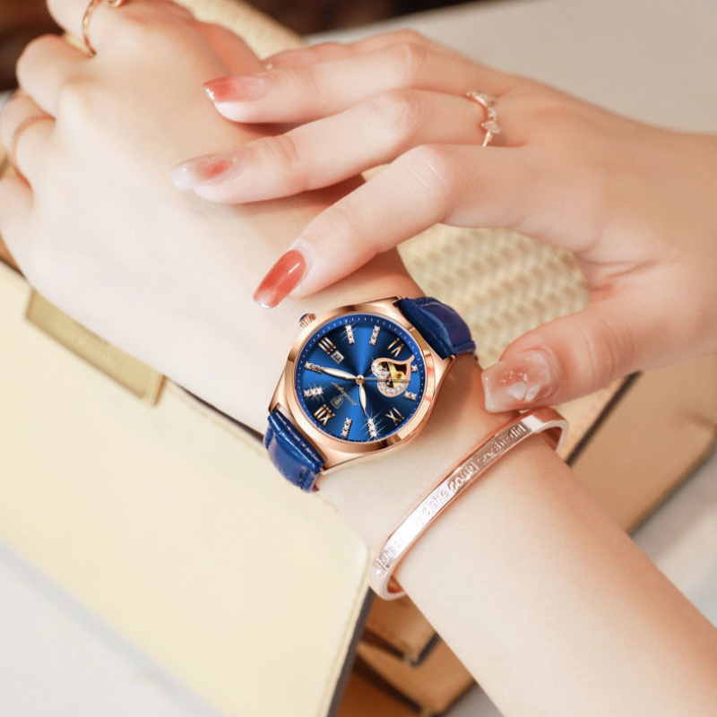 Đồng Hồ Cơ Tự Động Dạ Quang Chống Nước Có Lịch Đính Kim Cương Giả Bằng Da Bò Thật Kiểu Hàn Quốc Cho Nữ