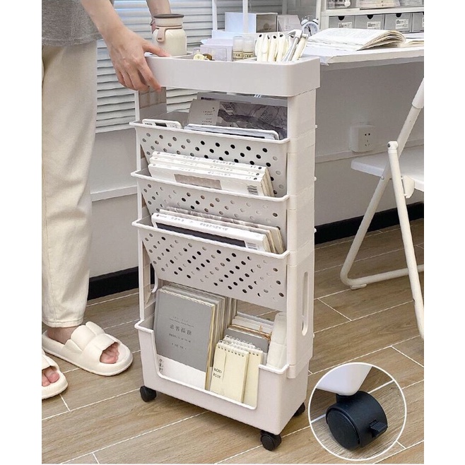 Kệ sách nhựa đứng để bàn 5 tầng có bánh xe tháo rời từng tầng