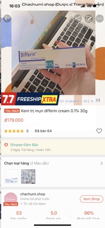 Gel trị mụn differin 30g