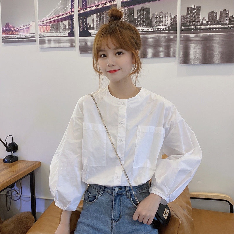 Áo sơ mi trắng cổ tròn tay dài phối bèo trẻ trung tươi mới thời trang mùa thu cho nữ 2021