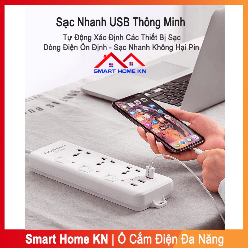 ổ cắm điện đa năng 3 chấu thông minh có cổng usb sạc nhanh điện thoại chịu tải 2500w an toàn chống cháy chống giật