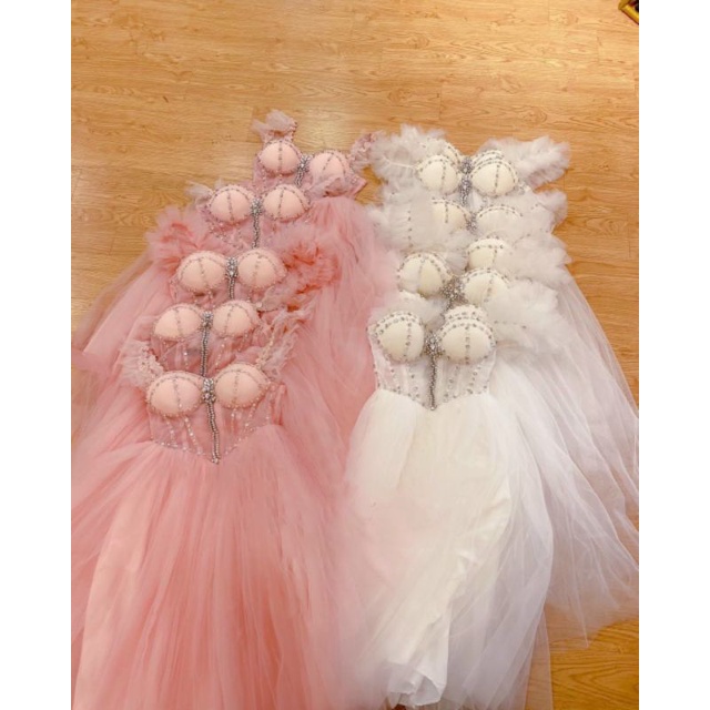 Đầm váy dạ hội form maxi dún tay cánh tiên kết hạt thủ công