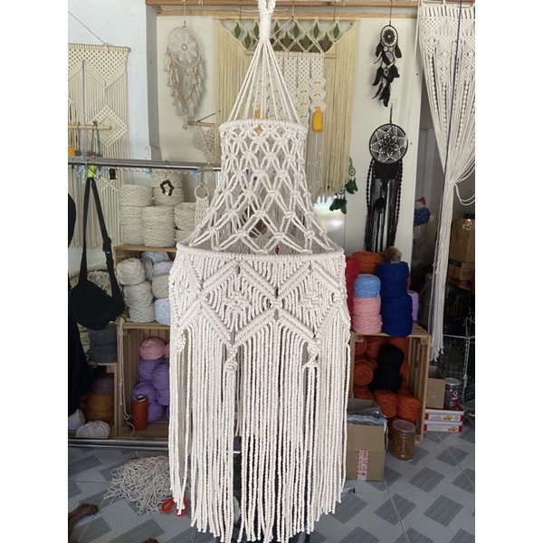 Đèn trần vintage trang trí macrame đường kính 25cm không kèm bóng E27 | Macrame Lamp