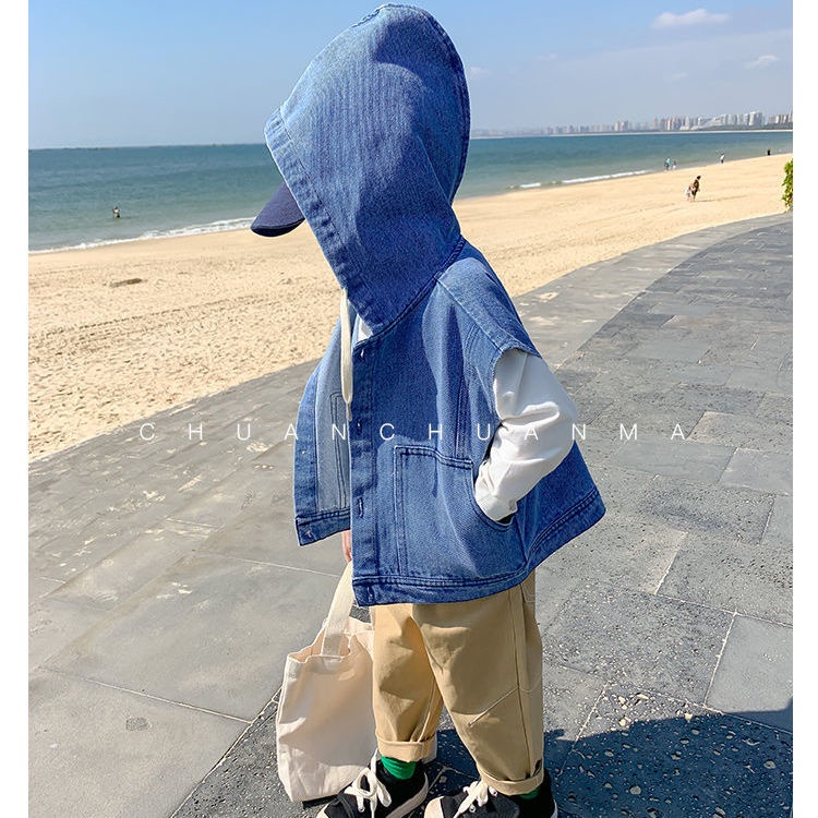 3-12 Tuổi Áo Khoác Denim Không Tay Có Mũ Trùm Kiểu Cao Bồi Hàn Quốc Thời Trang Xuân Thu Cho Bé Trai jacket