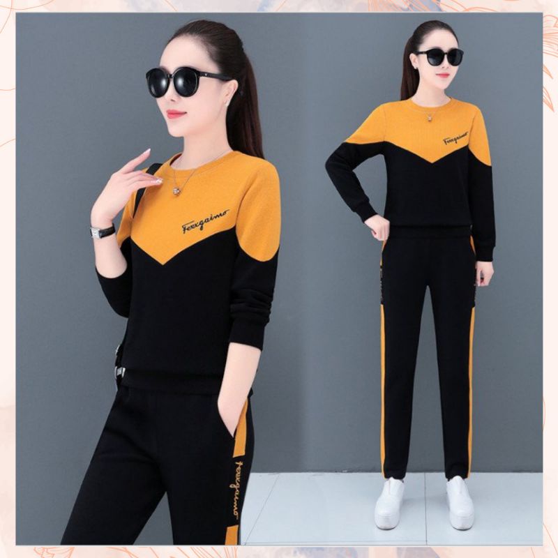 Đồ bộ thu đông nữ dài tay chất umi hàn thêu chữ nổi - đồ bộ thể thao nữ cổ tròn có túi sâu