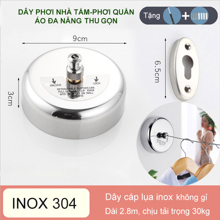 Dây phơi di động thu gọn thông minh, dùng ở ban công hoặc nhà tắm, vỏ inox 304 (Kho Hà Nội)