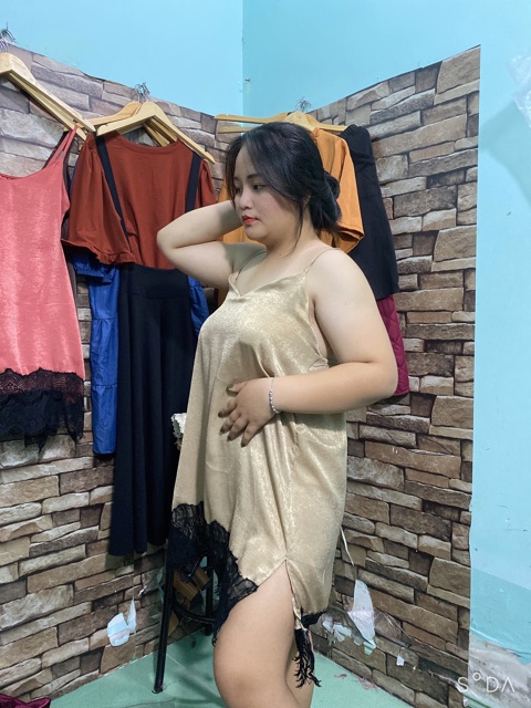 đầm ngủ  bigsize  lụa hàn phối reng sexy 100kg đổ về 60kg