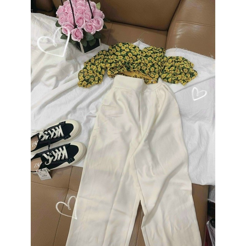 set quần suông trắng áo crotop hoa