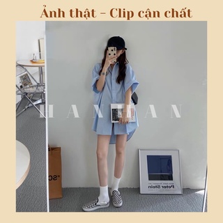 Váy sơ mi xanh oversize ulzzang phong cách Hàn Quốc