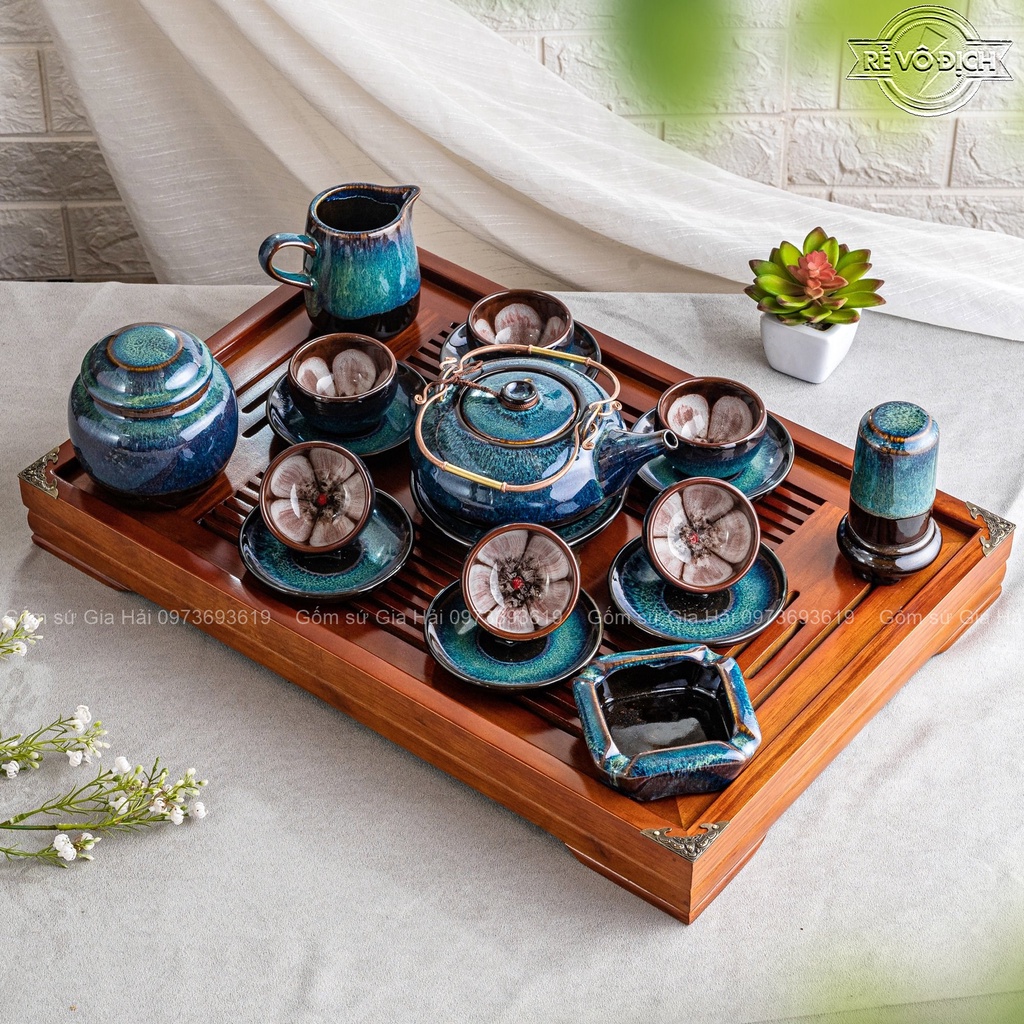 Bộ ấm chén men hỏa biến xanh lòng hoa cao cấp BátTràng