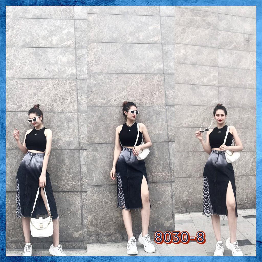 [Jeans nữ thiết kế] Chân váy jeans rách, chân váy bò dáng dài lưng cao túi chéo loang màu. Mã S8135