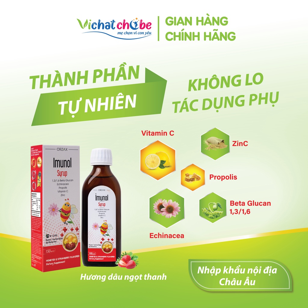 Siro Bổ Xung Vitamin C, ZinC - Orzax Imunol Syrup, Tăng Cường Sức Đề Kháng, Giúp Trẻ Phòng Ho, Giảm Ốm Vặt - 150ml