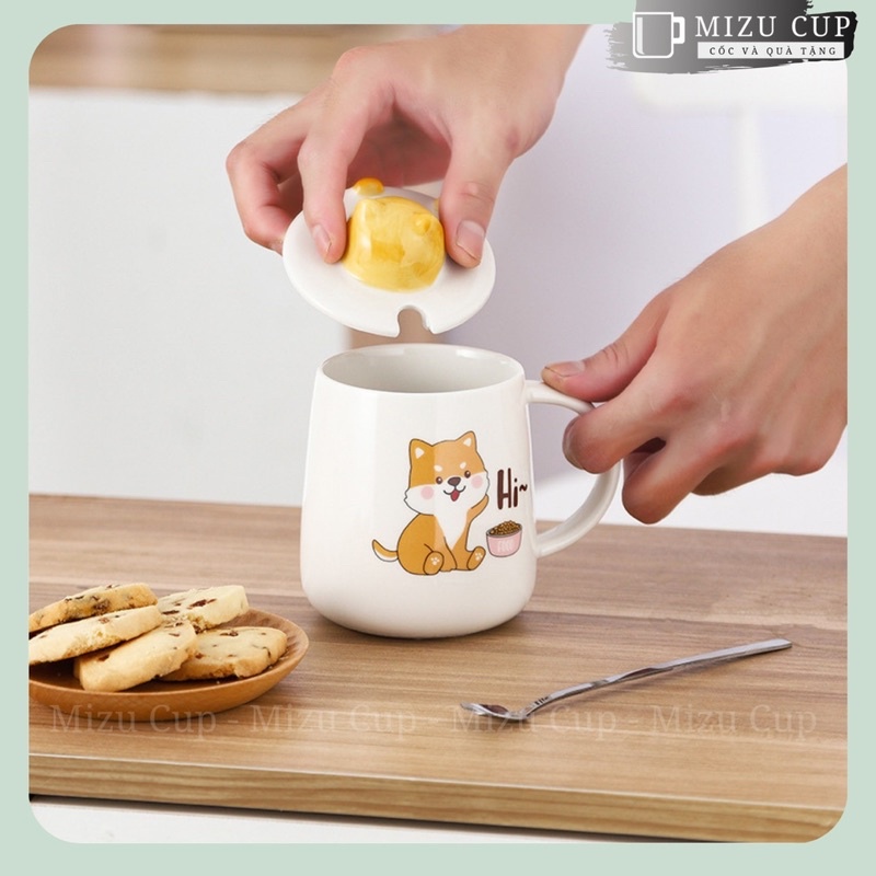 Cốc gốm sứ cao cấp uống trà, uống cafe, decor hình shiba cute