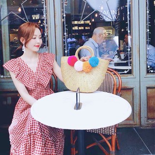 Đầm váy maxi caro đỏ phối bèo (kèm hình thật)