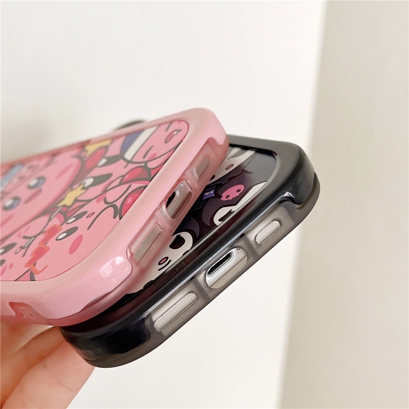 Ốp lưng iphone mềm dẻo viền bo tròn chống sốc có chân để bàn tiện lợi mẫu kuromi đen và kirby hồng