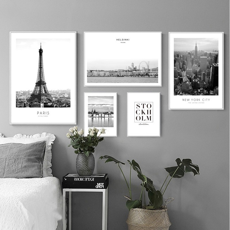 Bộ 5 tranh canvas treo tường thành phố tông trắng đen TTC20791