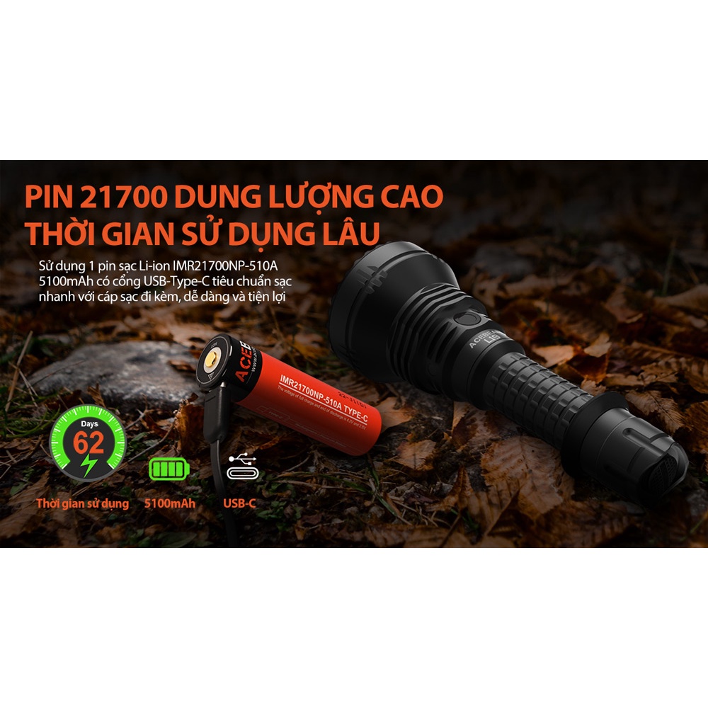 Đèn pin chiếu xa ACEBEAM L19 V2 TRẮNG độ sáng 2200 lumen chiếu xa 1083m LED SFT40 kèm pin sạc 21700